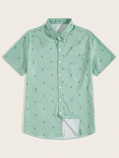 

men cranes print curved hem shirt 837g#, White;black