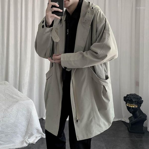 

autumn hooded trench men's fashion solid color casual long coat men streetwear wild loose windbreaker jacket mens overcoat1, Tan;black