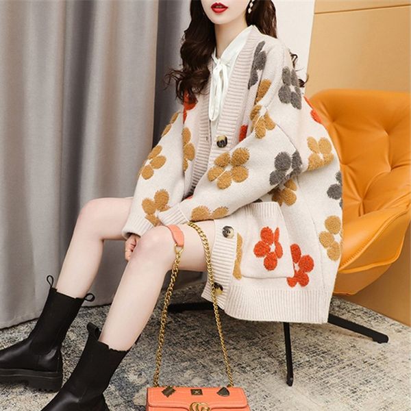 

women cardigan casual knitted flower sweater single-breasted loose oversized cardigan ladies jacket spring and autumn, White;black
