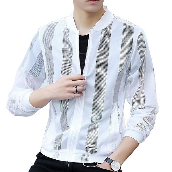 

2020 autumn new men's mesh jackets coat male thin bomber jacket hollow out white black sun protection outerwear m-5xl, Black;brown