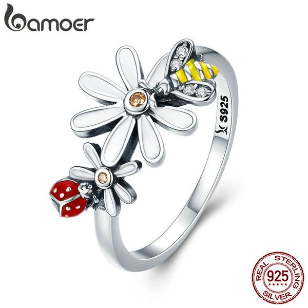 luxo- genuíno 100% 925 Sterling prata abelha e joaninha em flor jardim anéis de dedo para mulheres esterlinas de prata jóias scr311 y1890705