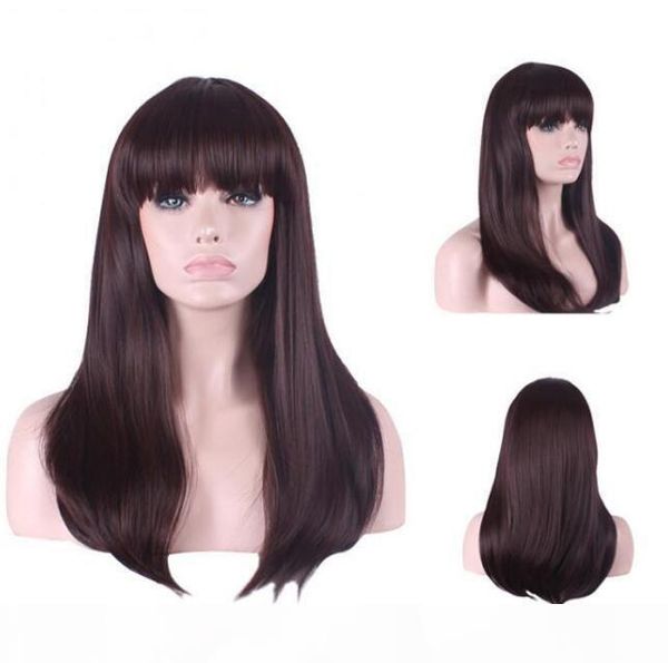 

gt;&gt;&gt;new fashion synthetic natural brunette brown straight long full bang womens hair wig, Black;brown