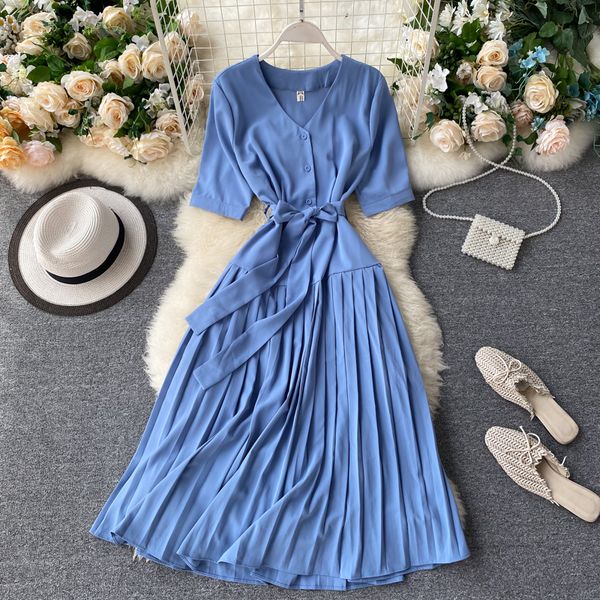 

summer v-neck breasted lace up waist down mid-length pleated dress, Gray