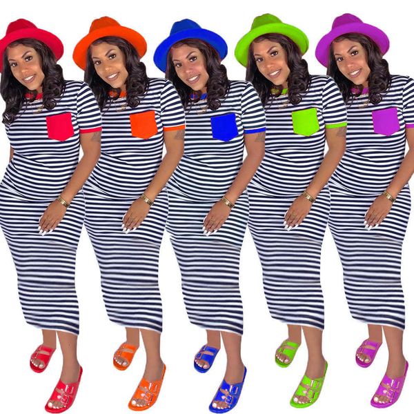 

slim ss2020 fashion casual stripe print pocket dress, White