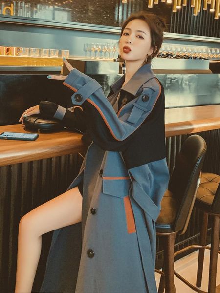 

new fashion 2021 fall /autumn casual single-breasted splicing simple classic long trench coat with belt chic female windbreaker, Tan;black