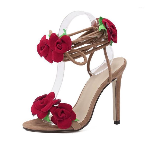 

rose cross lacing women sandals high heels sandalia feminina flowers summer shoes woman ladies party dress shoes xkd41461, Black