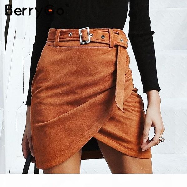 

berrygo asymmetric suede leather women skirt high waist belt bodycon mini skirt autumn winter female streetwear pencil, Black