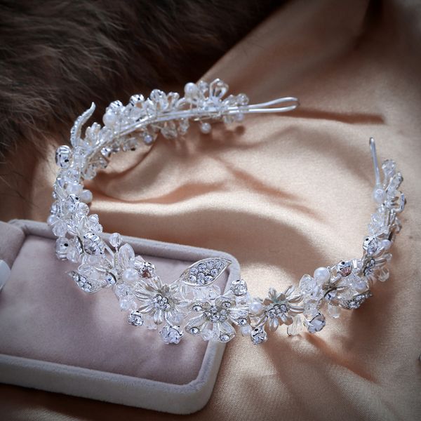 

handmade sparkling crystal wedding bride flower tiara coroa headband bridal women prom crowns kopoha bijoux cheveux accessories y19051302, Slivery;golden