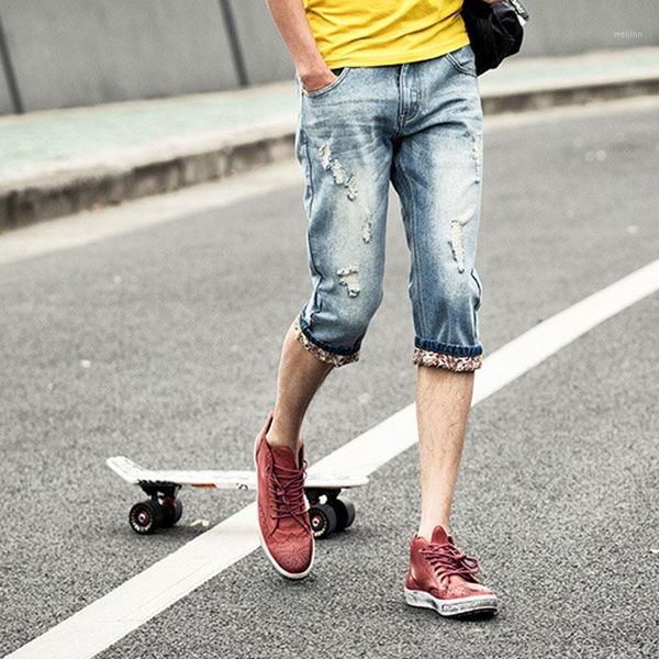 

fashion 2021 ripped denim shorts men's summer thin retro cropped pants loose straight brand handsome teenagers beggar pants men1, Blue