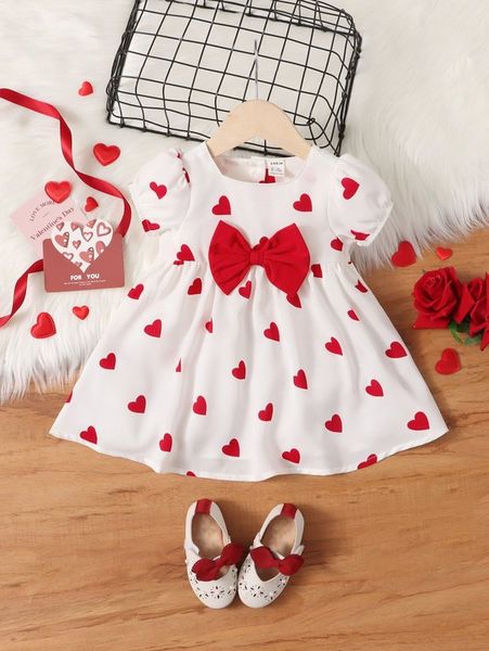 

baby heart print bow detail dress she, Red;yellow