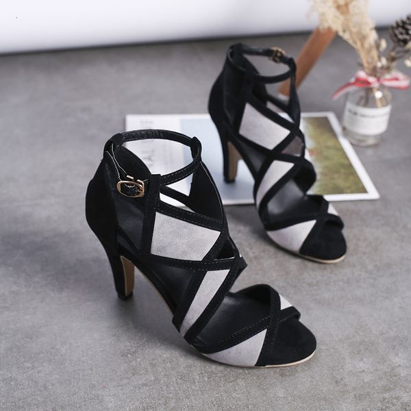 

2021 women sandals peep toe ladies fashion buckle strap high heels hollow woman summer shoes plus size rome footwear new fkfx, Black