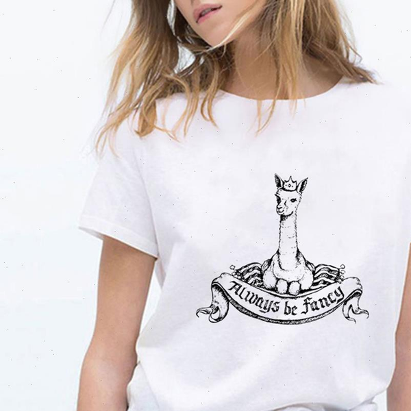 

women funny alpaca clothes t shirt oversize t shirt tee shirts harajuku spring summer 90s streetwear round collar tshirt, White