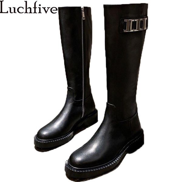 

new knee high boots woman metal button design black real leather long boots autumn runway motorcycle knight women