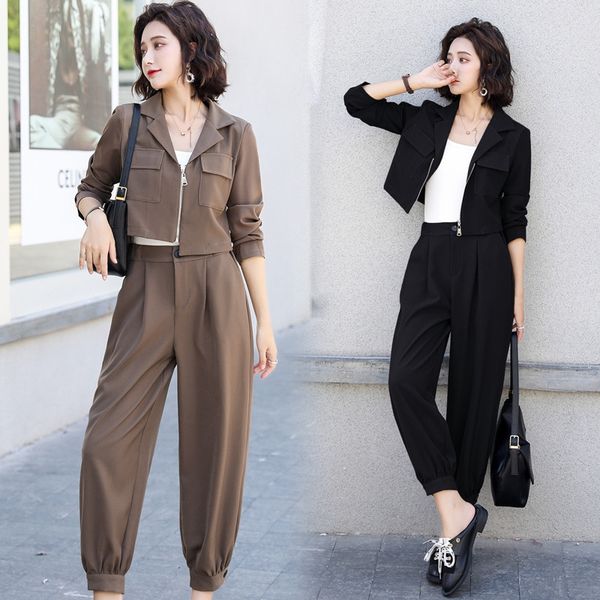 

work style professional suit suit women's fall 2020 new + leggings cool tight pants short coat short coat work clothes set c2ygg, Gray