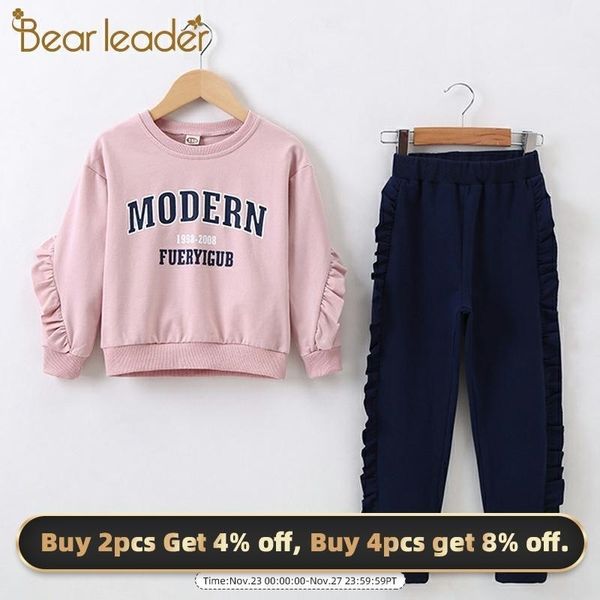 

bear leader teenager girls suits little girls active sets 2pcs letter print petal sleeve sweatshirt +solid pants girl outfits 201126, White