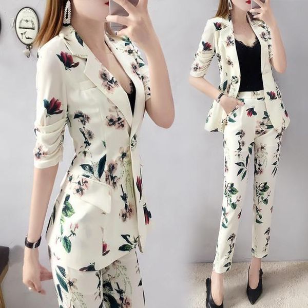

printing floral piece lady at the office clothes of two female korean suit femme deux pieces z16s, White