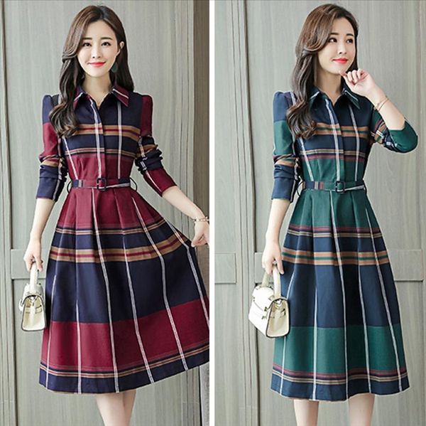

2021 new women dress elegant striped shirt dress office ladies long sleeve turn down collar plaid tunic dress women belt, Black;gray