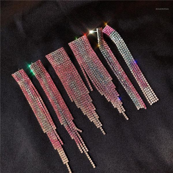 

rongho hiphop rainbow crystal tassel earrings for women hyperbole club jewelry colorful rhinestone tassel pendant femme brincos1, Silver