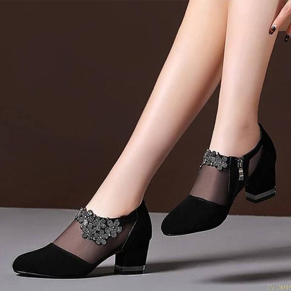

spring women crystal shoes zip thick high heels pumps woman mesh female slip on platform hollow out ladies party shoes, Black