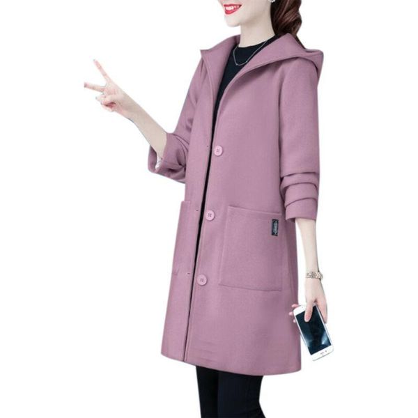 

women's wool & blends winter coat women solid button hooded female warm woolen casual long trench jacket overcoat plus size, Black