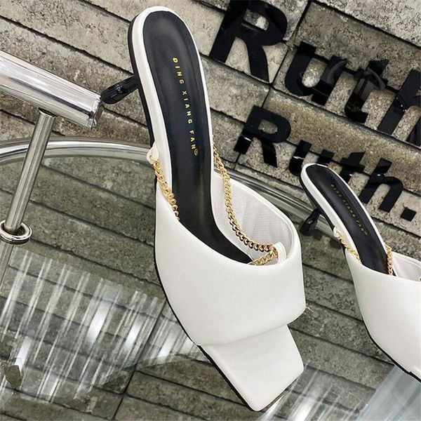

slippers 2021 summer women slipper fashion chain dress pumps shoes slides mules sandal thin high heel outdoor, Black