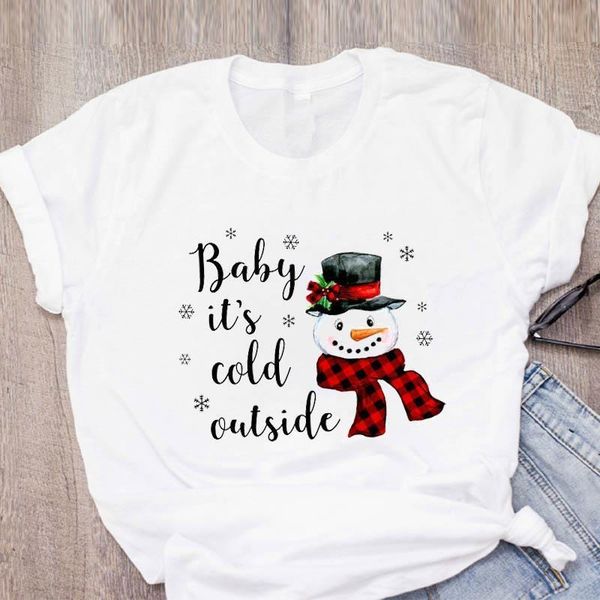 

women graphic plaid snowman winter holiday new year merry christmas printed lady tees clothing female t shirt t-shirt, White