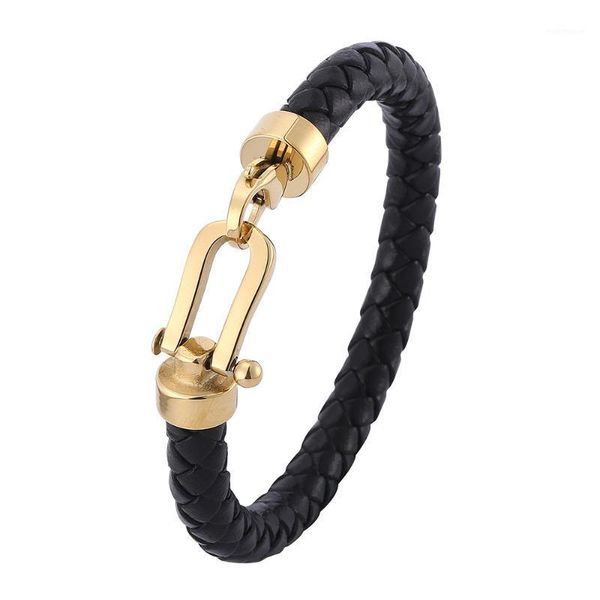 

men's trendy bracelet braided genuine leather gold color stainless steel horseshoe lobster clasp handmade men jewelry bb07601, Golden;silver