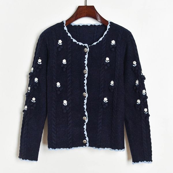 

2020 autumn and winter new hand hook flower three-dimensional fur ball collision color round-necked knitting sweater cardigan woman fashio, White