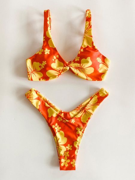 

floral twist front high cut bikini swimsuit p8uc#, White;black