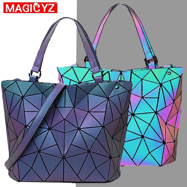 

fashionable women's large capacity handbag geometric diamond luminous shoulder bucket bag fold deformation female briefcase