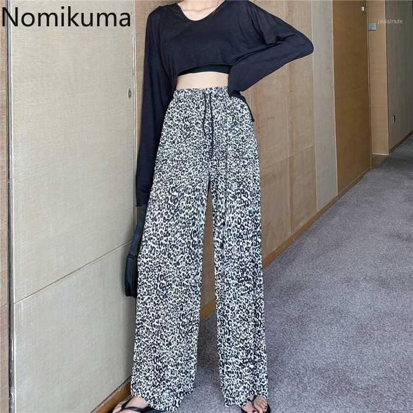 

women's pants & capris nomikuma leopard high waist women casual fashion straight loose wide leg trousers vintage pantalones streetwear, Black;white