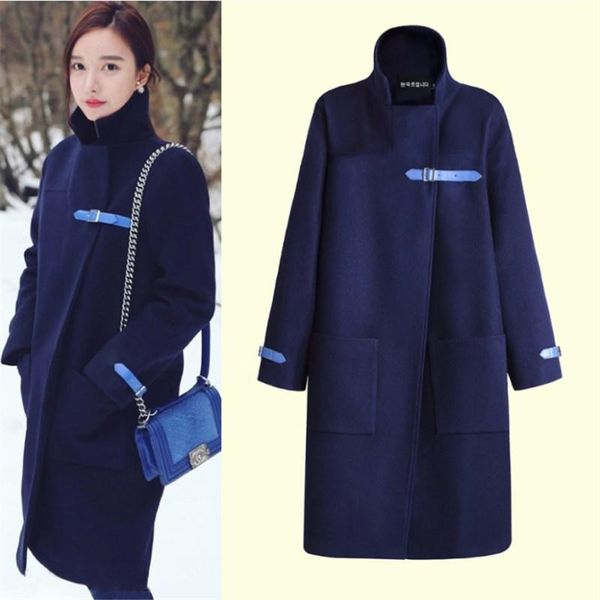 

women's wool & blends korean style office lady wide-waisted coats woman long sleeves covered button solid female cashmere spliced outer, Black