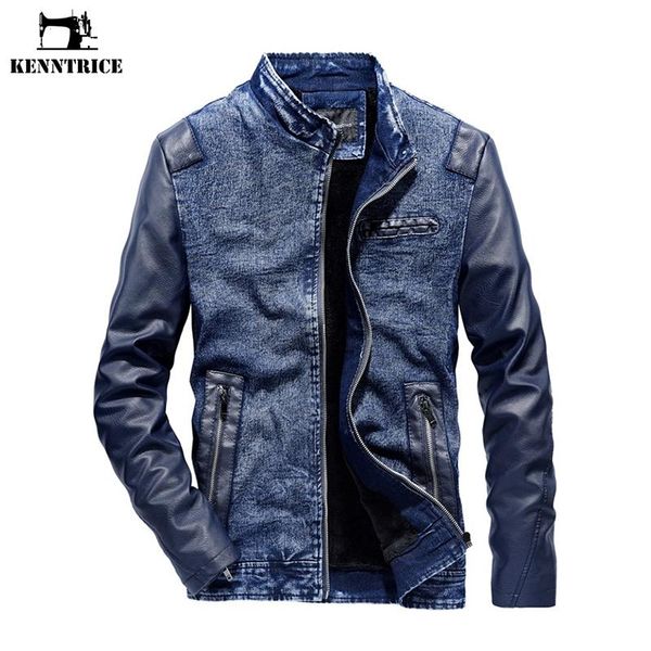 

kenntrice casual men denim jacket leather sleeve patchwork men coat slim fit streetwear jeans jacket black coat, Black;brown