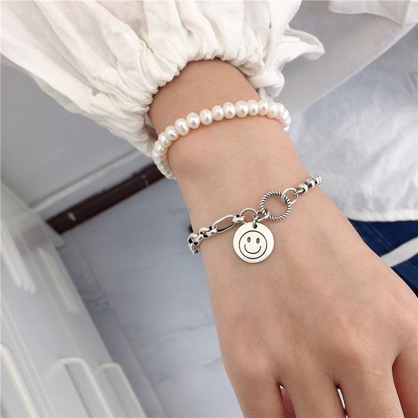 

925 sterling silver smiling face women braceletins net red personalized chain stitching bracelet bracelet east gate of south korea 1ayo1 1ay, Golden;silver