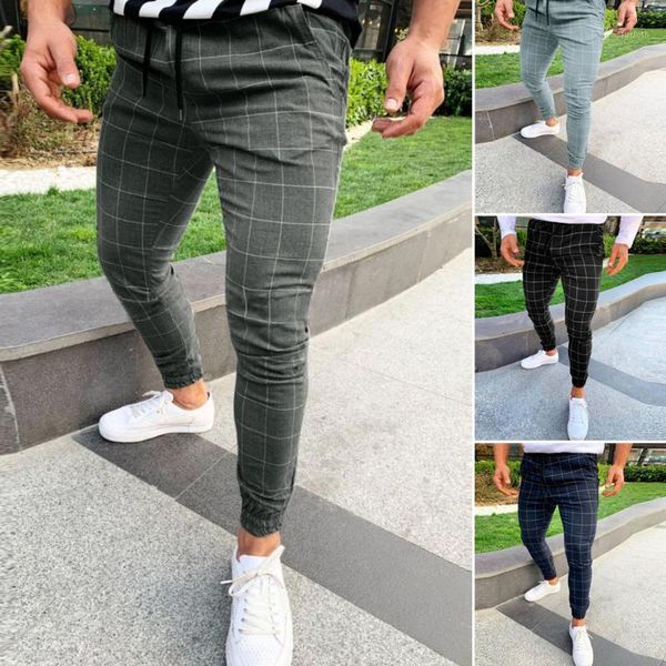 

high wasit spring summer fashion pocket men's slim fit plaid straight leg trousers casual pencil jogger casual pants1, Black
