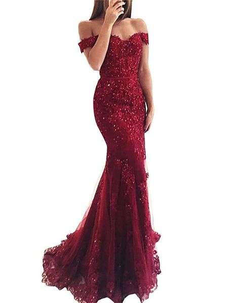 

new long off the shoulder beaded mermaid evening dress short sleeves lace appliques floor length formal prom party gowns custom made qc1511, Black;red