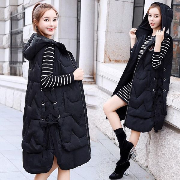 

down cotton vest women's mid-length 2021 autumn and winter new korean version of long thickened vest coat over the knee1, Black;white
