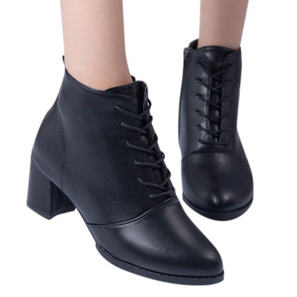 

sagace shoes winter women boots round toe lace-up sapatos das mulheres ladies flat ankle boots for women pu leather, Black
