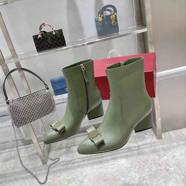 

pointed winter woman toe chunky heel martin boots femal side zipper leather bowtie short shoes size 35-40, Black