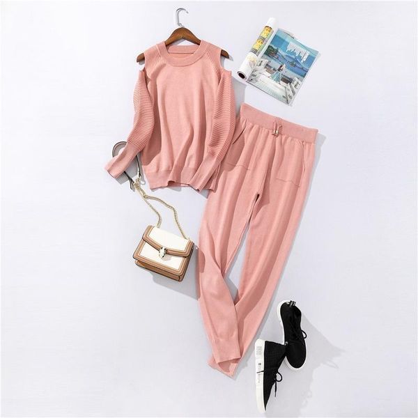 

2020 autumn new ladies' sweater + pants suit knitted casual sports style round neck off-shoulder wool suit, female1, Gray