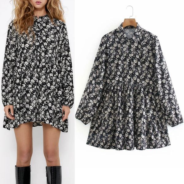 

2021 new black floral printed long sleeve woman autumn winter casual ruffle mini dress women button loose ladies dresses hng8, Black;gray