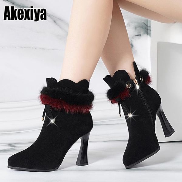 

boots fashion women fur winter warm pointed ankle rhinestone decoration zipper comfortable female shoes, Black