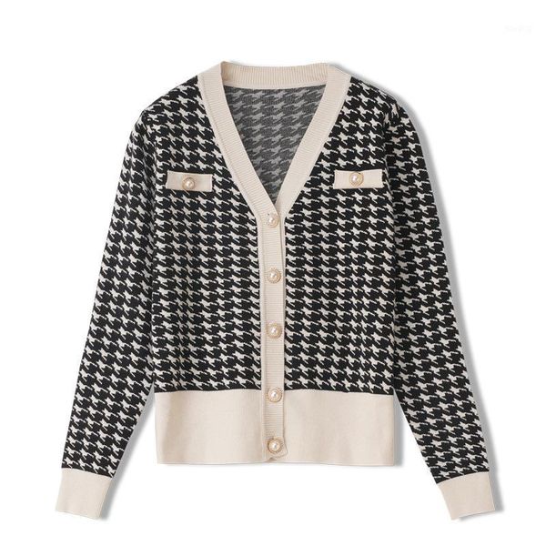 

vintage fall women sweater v-neck houndstooth button black white jumpers fashion jacket knit cardigan femmes open stitch 1