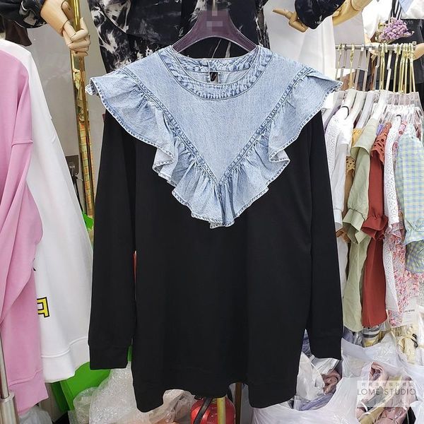 

2020 autumn new ruffled denim stitching long-sleeved sweatshirt women's korean-style all-match jumper loose hoodie shirt 1, Black