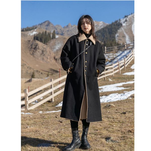 

lambs wool collar hepburn mid long woolen women's 2020 new winter temperament overcoat, Black