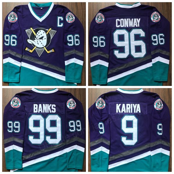 

mighty ducks jersey 9 paul kariya 96 charlie conway 99 adam banks hockey jersey the mighty ducks of anaheim movie men's stitched purple, Black;red