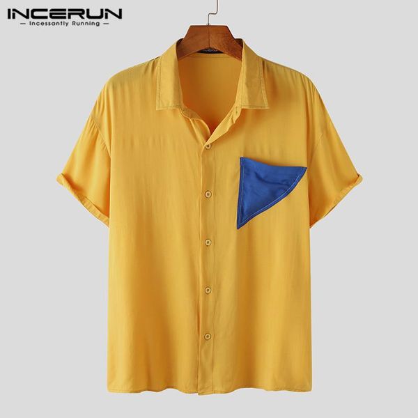 

mens short sleeve lapel shirts incerun casual patchwork loose blouse 2021 summer buttons camisa man stitching color shirt s-5xl, White;black
