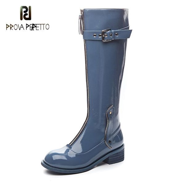 

belt buckle front zipper lacquered leather boots thick heel high white 2020 autumn winter blue knee-length knight boots women, Black