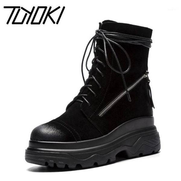

boots tuyoki ladies side zipper fashion genuine leather ankle cross strap motorcycle short knight size 34-391, Black