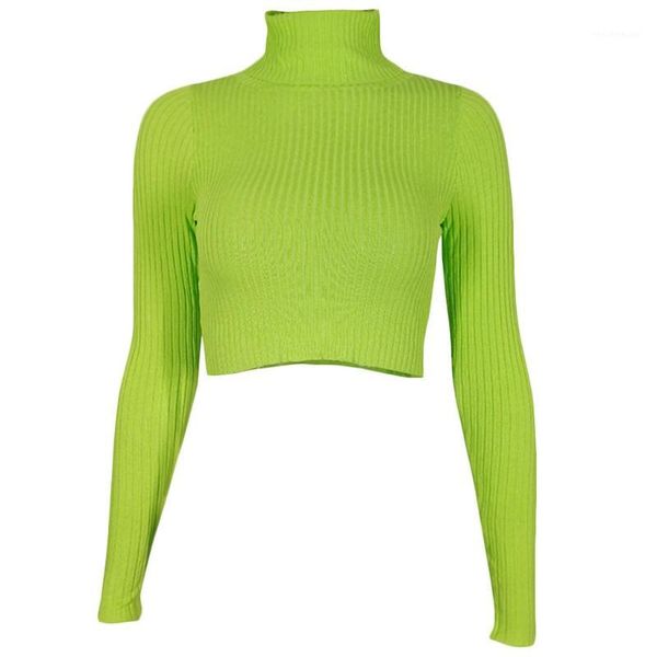 

women long sleeve turtleneck sweater ribbed knit neon green bodycon crop x7xc1, White